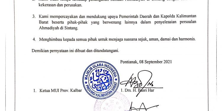 Pernyataan Bersama Tokoh Agama Terkait Jemaat Ahmadiyah di Kabupaten Sintang